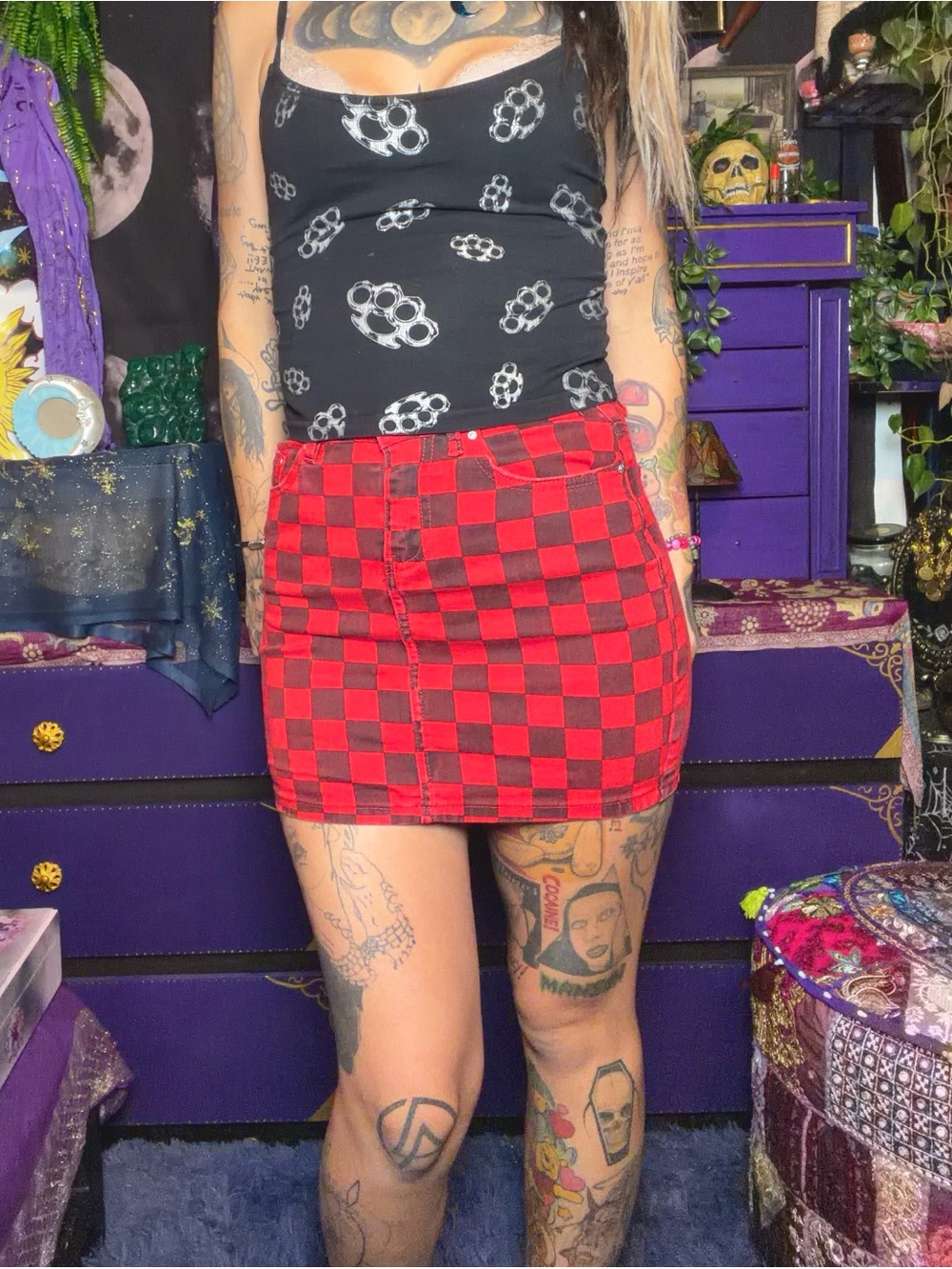 Almost Famous Mid Rise Mini Skirt Black Red Checkered Size 0